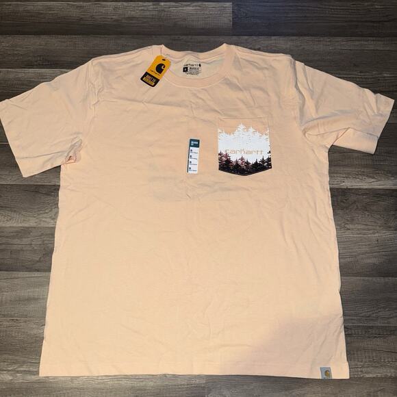 Carhart Relax Fit NWT Short Sleeve Pocket T-shirt Light Peach Forest Graphic - Picture 1 of 4
